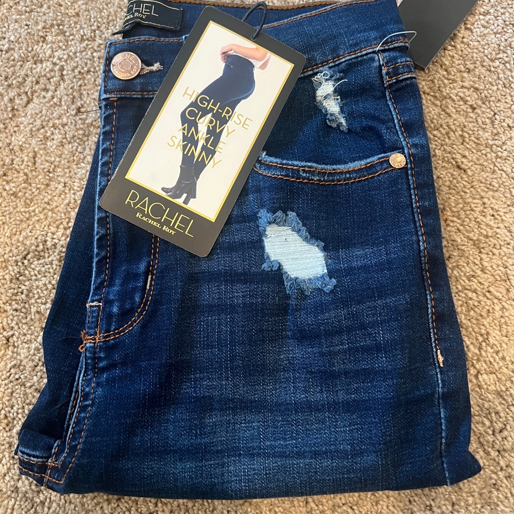 RACHEL Rachel Roy High Rise Blue Jeans with Distressed Details